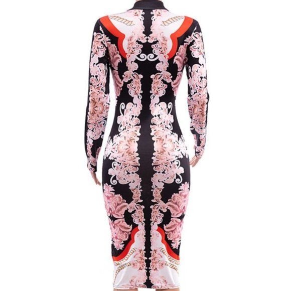 Callie Geisha: Cherry Blossom Sexy Stretch Bodycon Zip Up Midi Dress Medium - Picture 3 of 7